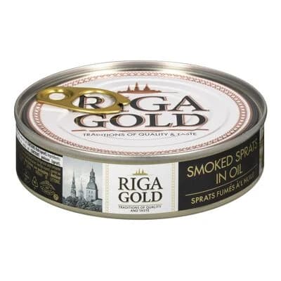Riga Gold Smoked Sprats in Oil — representative packaging