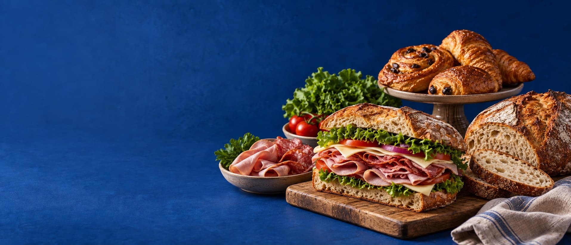 Styled arrangement of a deli sandwich, fresh bread, cold cuts, and pastries against a deep blue backdrop