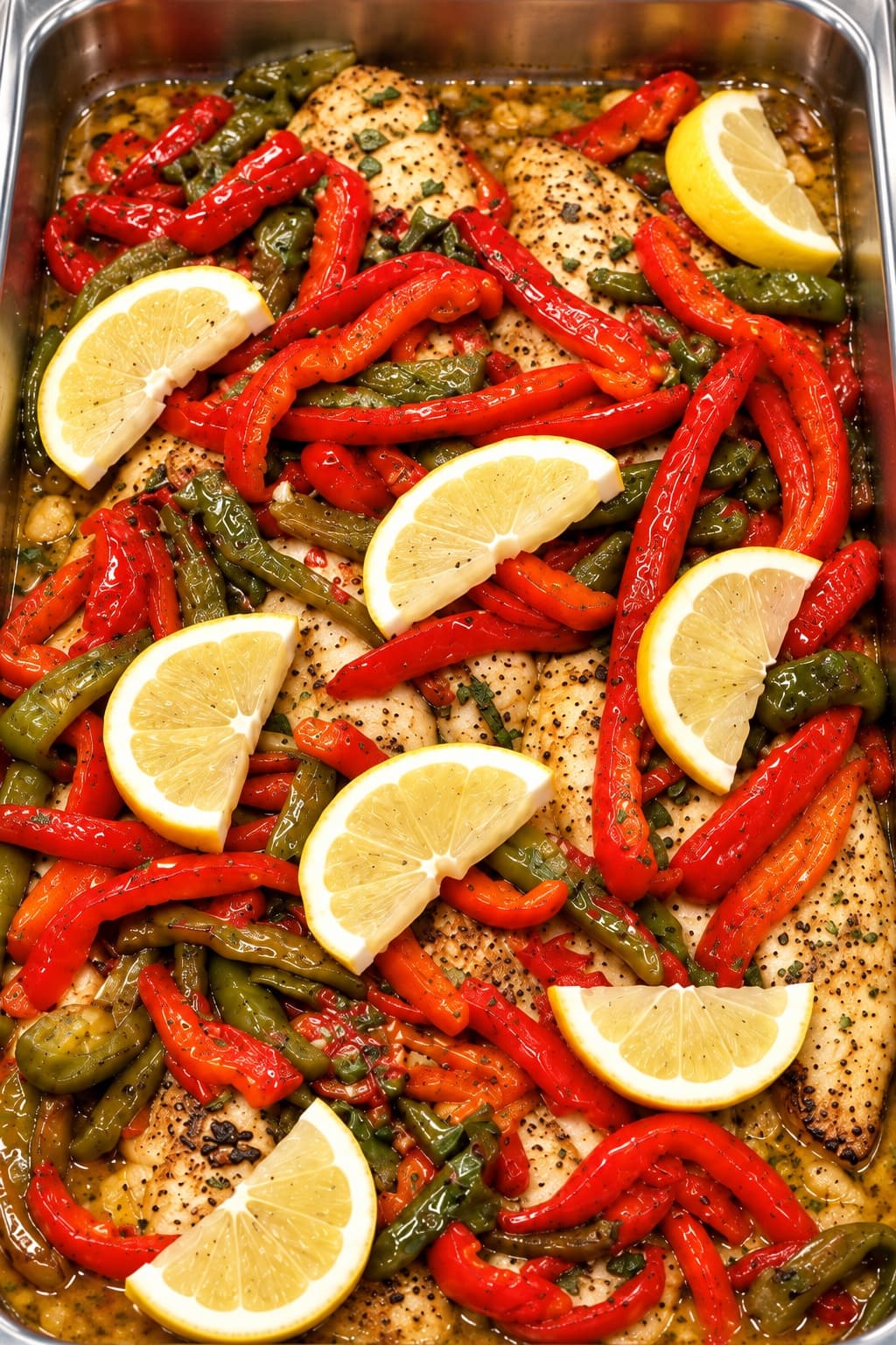 Hot food with peppers and lemon in a deli tray