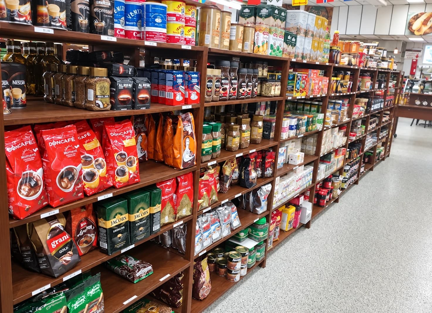 Coffee and groceries along the market shelves
