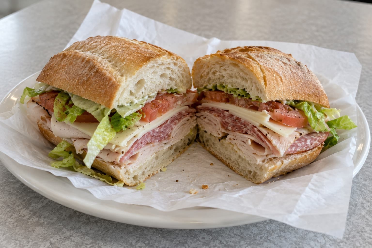 Turkey, salami, and provolone sandwich with lettuce and tomato