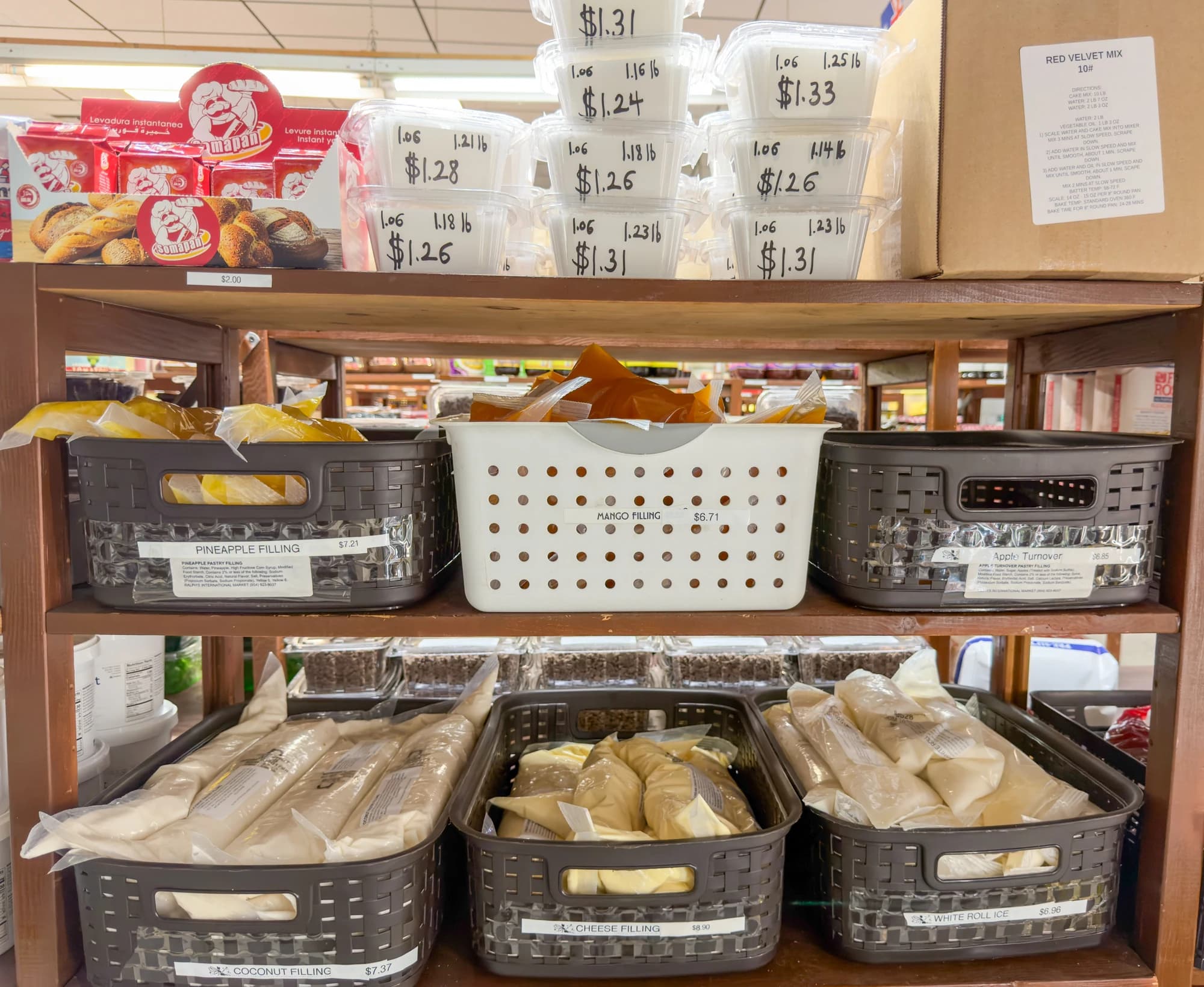 Pastry fillings and baking ingredients on Ralph’s shelves