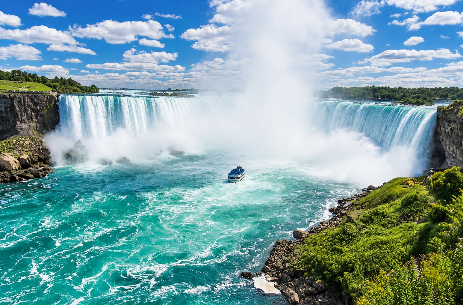 Niagara Falls beneath a blue sky, with a boat on the water below